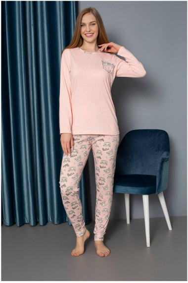 Pijama dama bumbac confortabila cu imprimeu hello bear corai 818