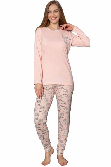 Pijama dama bumbac confortabila cu imprimeu hello bear corai 818