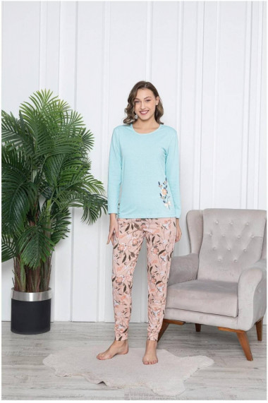 Pijama dama bumbac confortabila cu imprimeu floral corai albastru 102