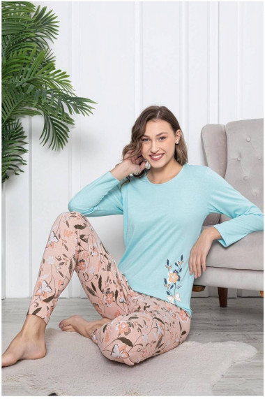 Pijama dama bumbac confortabila cu imprimeu floral corai albastru 102