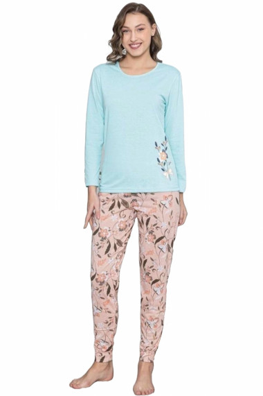 Pijama dama bumbac confortabila cu imprimeu floral corai albastru 102