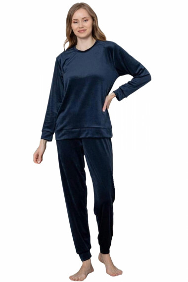 Pijama dama catifea material moale si delicat imprimeu uni bleumarin 22