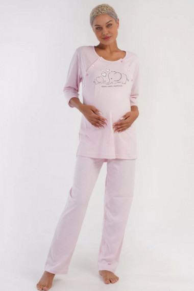 Pijama gravida bumbac deschidere pentru alaptat imprimeu Love moments roz