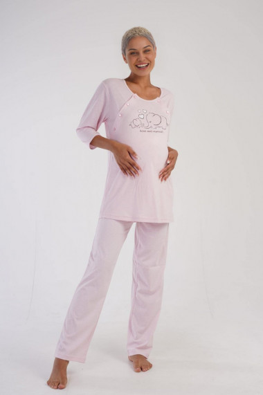 Pijama gravida bumbac deschidere pentru alaptat imprimeu Love moments roz