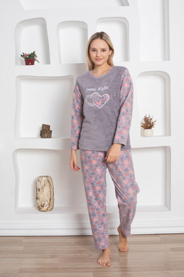 Pijama cocolino dama imprimeu inimioare good night gri 319