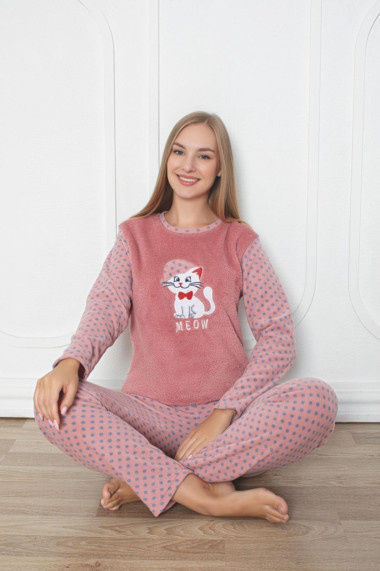 Pijama cocolino dama imprimeu pisicuta meow corai 302