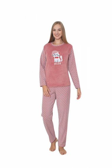 Pijama cocolino dama imprimeu pisicuta meow corai 302