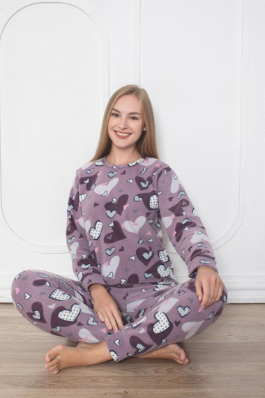 Pijama cocolino dama soft polar imprimeu inimioare mov 516