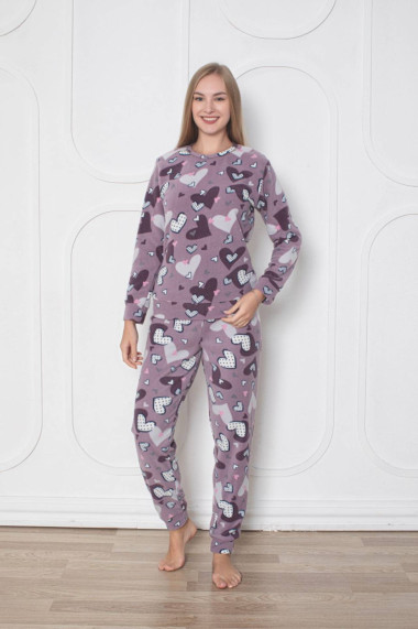 Pijama cocolino dama soft polar imprimeu inimioare mov 516