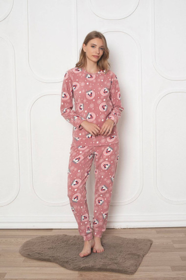 Pijama cocolino dama soft polar imprimeu pinguini de Craciun corai 500