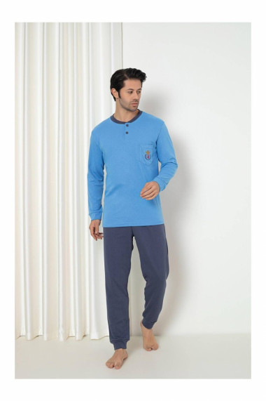 Pijama barbat din bumbac interlock maneci si pantaloni lungi albastru 8064