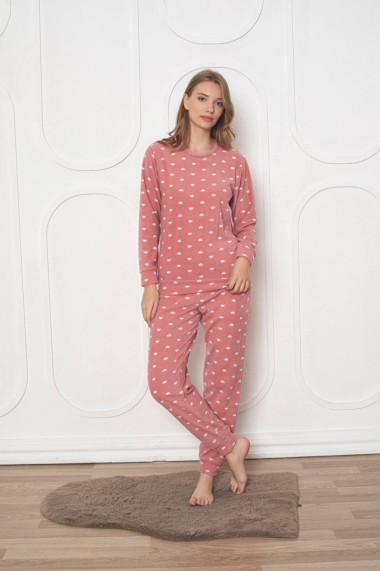 Pijama cocolino dama soft polar imprimeu inimioare corai 502