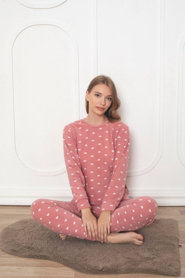 Pijama cocolino dama soft polar imprimeu inimioare corai 502