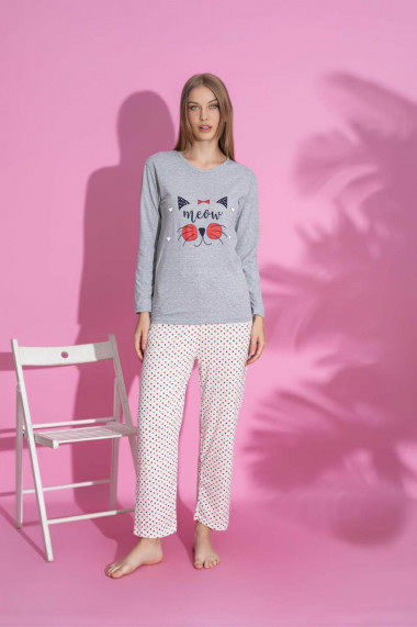 Pijama dama din bumbac imprimeu Meow gri 15269