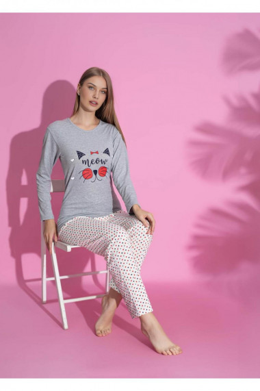 Pijama dama din bumbac imprimeu Meow gri 15269