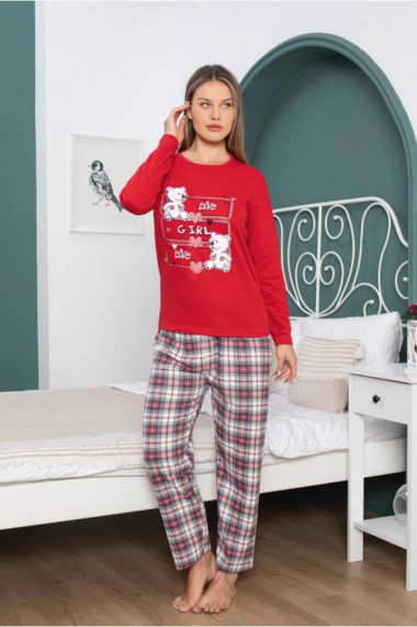 Pijama dama din bumbac vatuit imprimeu love ursulet rosu 15259