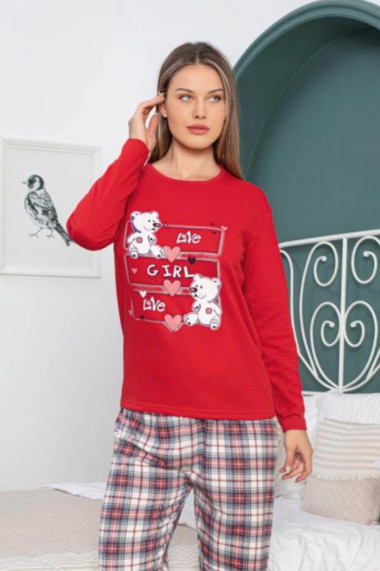 Pijama dama din bumbac vatuit imprimeu love ursulet rosu 15259