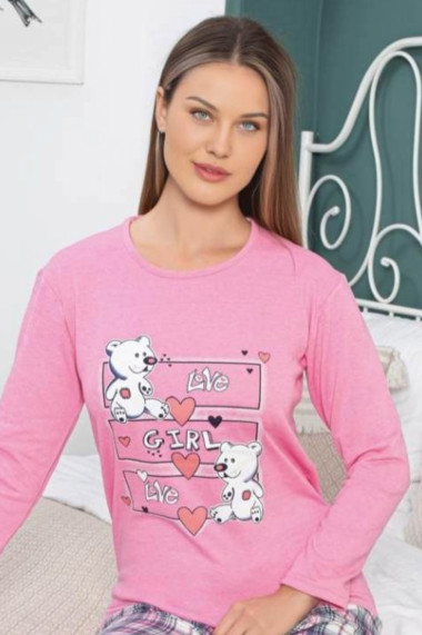 Pijama dama din bumbac vatuit imprimeu love ursulet roz 15259