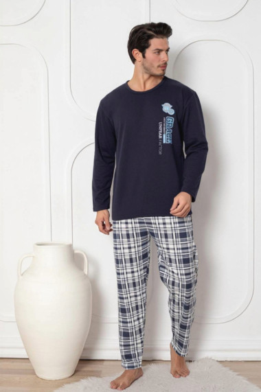 Pijama barbat bumbac vatuit marime mare maneci si pantaloni lungi grace bleumarin 15267