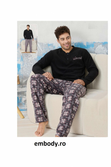 Pijama barbati cocolino material pufos si calduros next level negru gri 9618