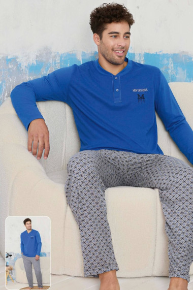 Pijama barbat bumbac maneci si pantaloni lungi men excusive albastru 9221