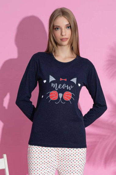 Pijama dama din bumbac imprimeu Meow Bleumarin 15269