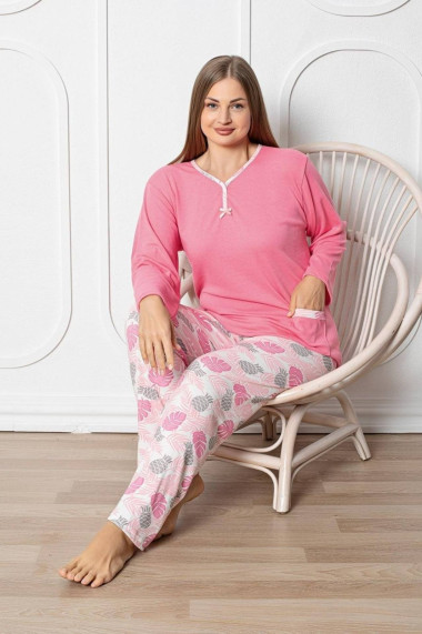 Pijama dama batal marime mare bumbac interlok cu buzunar roz 2035