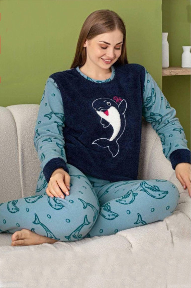 Pijama dama cocolino batal-marime mare pufoasa si calduroasa imprimeu delfin albastru 60057