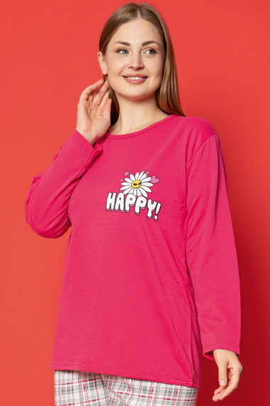 Pijama dama bumbac vatuit batal marime mare imprimeu happy roz 14683