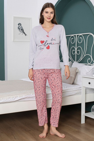 Pijama dama din bumbac imprimeu inimioare love love gri 15231