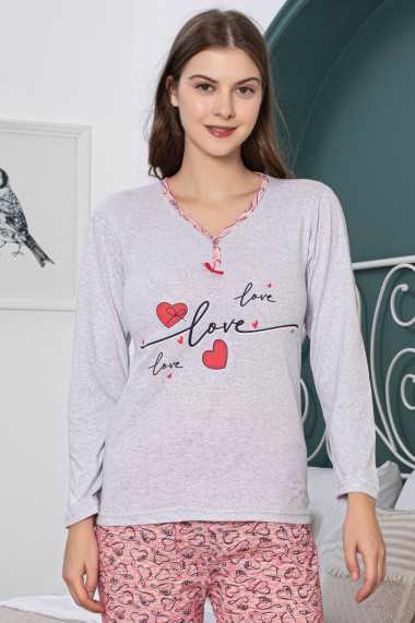 Pijama dama din bumbac imprimeu inimioare love love gri 15231