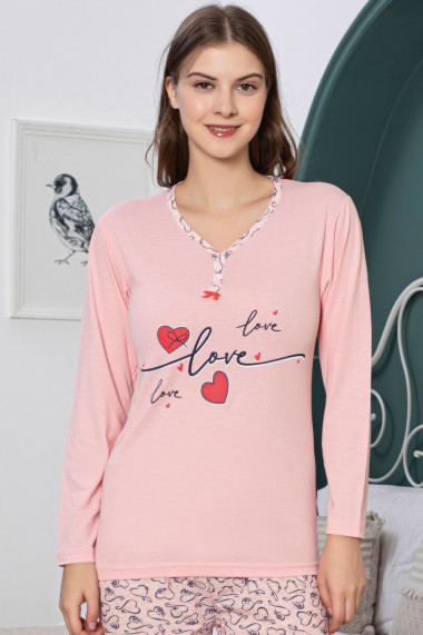 Pijama dama din bumbac imprimeu inimioare love love corai 15231