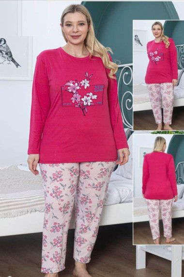 Pijama dama bumbac batal marime mare imprimeu cu flori roz 14555