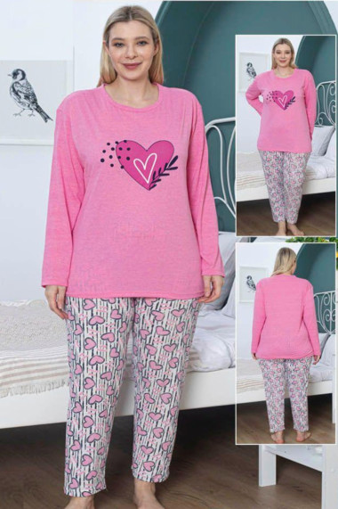 Pijama dama bumbac batal marime mare imprimeu cu inimioare roz 14554