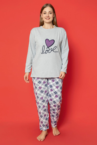 Pijama dama bumbac vatuit batal marime mare imprimeu inimioara love gri 14684