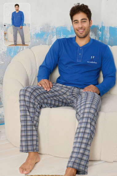 Pijama barbat bumbac maneci si pantaloni lungi cu buzunare new collection albastru 9223