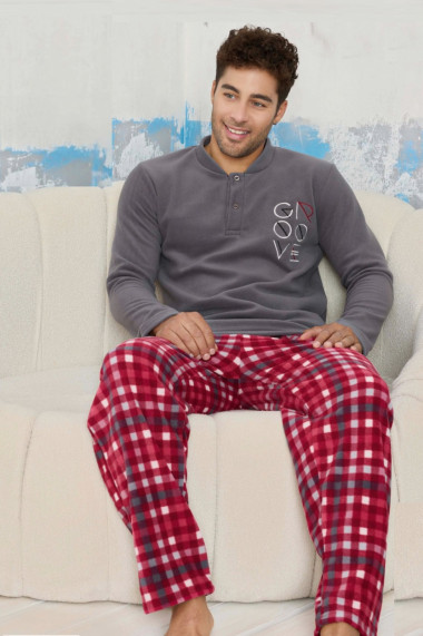 Pijama barbati cocolino cu buzunare material pufos si calduros good vibe gri visiniu 9624