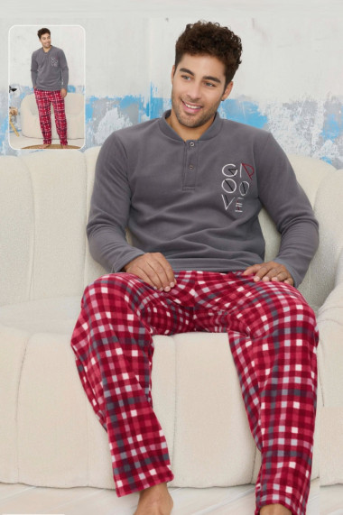 Pijama barbati cocolino cu buzunare material pufos si calduros good vibe gri visiniu 9624