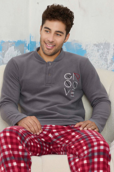 Pijama barbati cocolino cu buzunare material pufos si calduros good vibe gri visiniu 9624