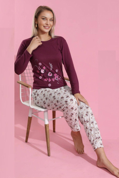 Pijama dama din bumbac imprimeu floral visiniu 4803