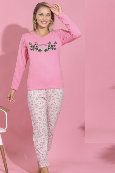 Pijama dama din bumbac imprimeu wild flowers roz 4807