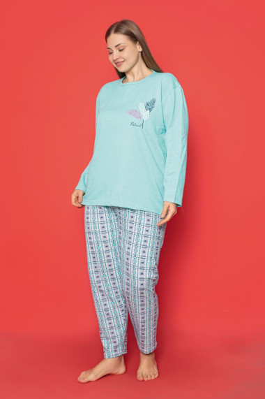 Pijama dama bumbac vatuit batal marime mare imprimeu natural vernil 14794