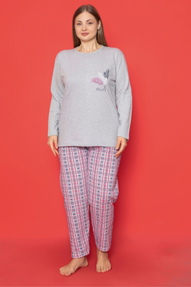 Pijama dama bumbac vatuit batal marime mare imprimeu natural gri 14794