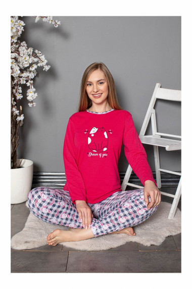 Pijama dama bumbac confortabila cu imprimeu fat cat roz 813