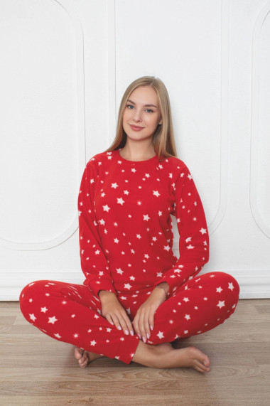 Pijama cocolino dama soft polar imprimeu stelute Craciun rosu 507