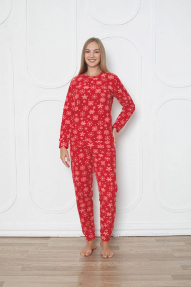 Pijama cocolino dama soft polar imprimeu fulgi nea de Craciun rosu 505