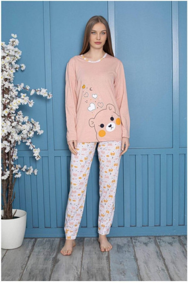 Pijama dama bumbac confortabila cu imprimeu ursulet love corai 804