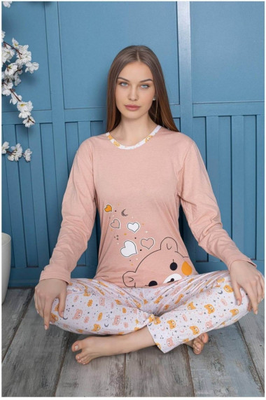 Pijama dama bumbac confortabila cu imprimeu ursulet love corai 804