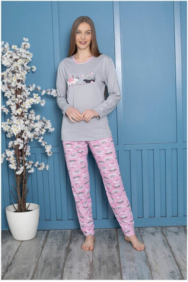 Pijama dama bumbac confortabila cu imprimeu beautiful gri roz 805