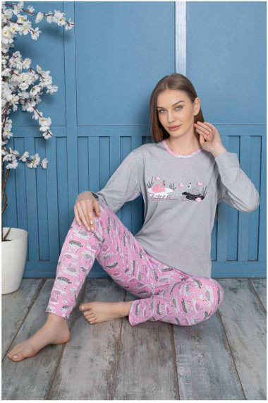 Pijama dama bumbac confortabila cu imprimeu beautiful gri roz 805